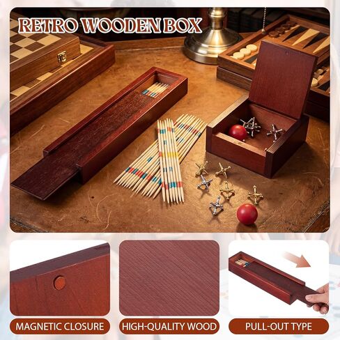 Hiboom 2-in-1 Classic Jacks Game and Pick up Sticks Game Set, Vintage Retro Family Games for Adults and Kid, Nostalgic Floor Games with Wooden Keepsake Box for Family Night, Birthday Gift, Party Favor in Kuwait