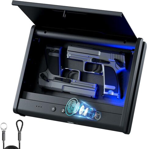PINEWORLD Biometric Gun Safe for Handgun,3 Quick Access Pistol Safe With Fingerprint,Voice Navigation Gun Case with Interior Light&Type C Port&Mute Mode for Home,Nightstand,Car, Steel Cable Included in Kuwait