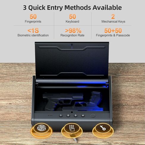 PINEWORLD Biometric Gun Safe for Handgun,3 Quick Access Pistol Safe With Fingerprint,Voice Navigation Gun Case with Interior Light&Type C Port&Mute Mode for Home,Nightstand,Car, Steel Cable Included in Kuwait