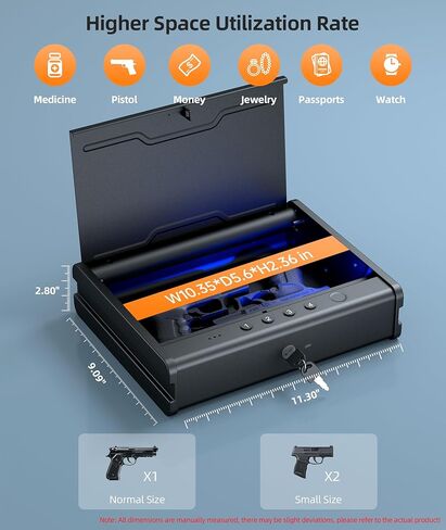 PINEWORLD Biometric Gun Safe for Handgun,3 Quick Access Pistol Safe With Fingerprint,Voice Navigation Gun Case with Interior Light&Type C Port&Mute Mode for Home,Nightstand,Car, Steel Cable Included in Kuwait