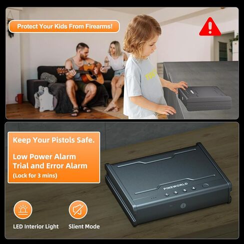 PINEWORLD Biometric Gun Safe for Handgun,3 Quick Access Pistol Safe With Fingerprint,Voice Navigation Gun Case with Interior Light&Type C Port&Mute Mode for Home,Nightstand,Car, Steel Cable Included in Kuwait