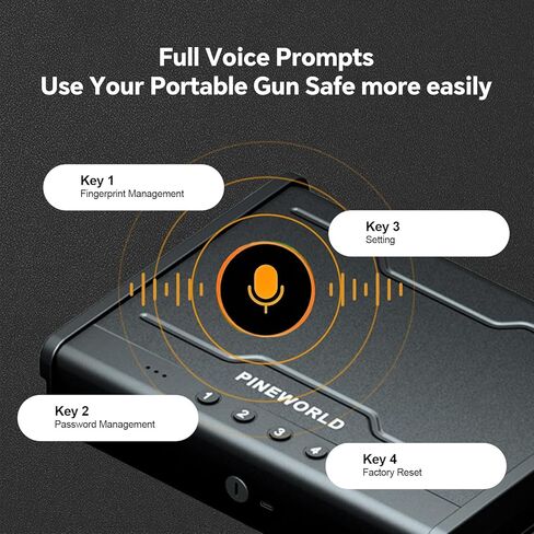 PINEWORLD Biometric Gun Safe for Handgun,3 Quick Access Pistol Safe With Fingerprint,Voice Navigation Gun Case with Interior Light&Type C Port&Mute Mode for Home,Nightstand,Car, Steel Cable Included in Kuwait