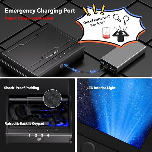 PINEWORLD Biometric Gun Safe for Handgun,3 Quick Access Pistol Safe With Fingerprint,Voice Navigation Gun Case with Interior Light&Type C Port&Mute Mode for Home,Nightstand,Car, Steel Cable Included in Kuwait