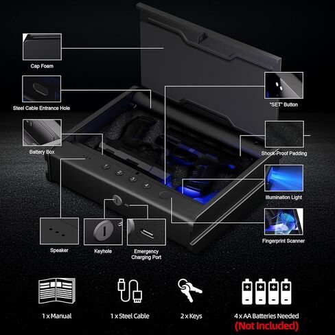 PINEWORLD Biometric Gun Safe for Handgun,3 Quick Access Pistol Safe With Fingerprint,Voice Navigation Gun Case with Interior Light&Type C Port&Mute Mode for Home,Nightstand,Car, Steel Cable Included in Kuwait