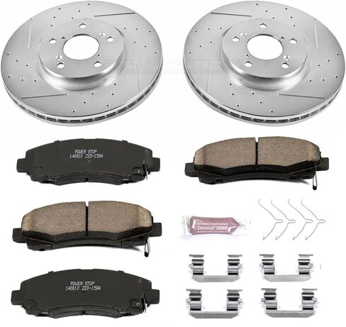 PowerStop Front Brake Kit for Honda Ridgeline 2012-14 - Drilled and Slotted Disc Rotors with Carbon-Fiber Ceramic Brake Pads Replacement, K5939 in Kuwait