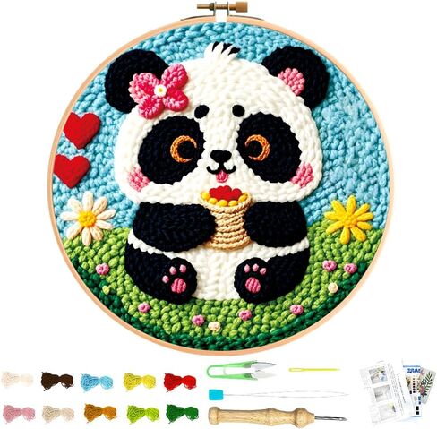 BEUNITONE Panda Punch Needle Kit للبالغين المبتدئين، مجموعات كاملة لإبرة الباندا للبالغين مع طوق، مجموعة حرفية لطيفة لإبرة لكمة هدية مهرجان القماش وديكور المنزل in Kuwait
