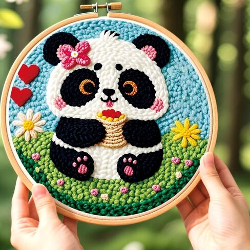 BEUNITONE Panda Punch Needle Kit للبالغين المبتدئين، مجموعات كاملة لإبرة الباندا للبالغين مع طوق، مجموعة حرفية لطيفة لإبرة لكمة هدية مهرجان القماش وديكور المنزل in Kuwait