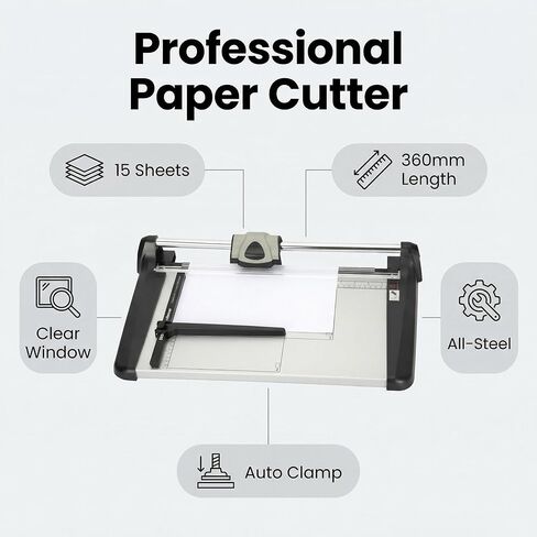 Heavy Duty Rotary Paper Cutter 15 Sheet, 14" Precision Paper Trimmer with Auto Clamp, Clean Cuts for Cardstock, Photos, Crafts & Office Use in Kuwait
