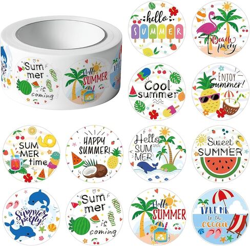 500 Pcs Round Summer Beach Stickers, 12 Patterns 25mm, Decorative Sealing Labels for Scrapbooking, Gift Wrapping, Card Making & DIY Crafts in Kuwait