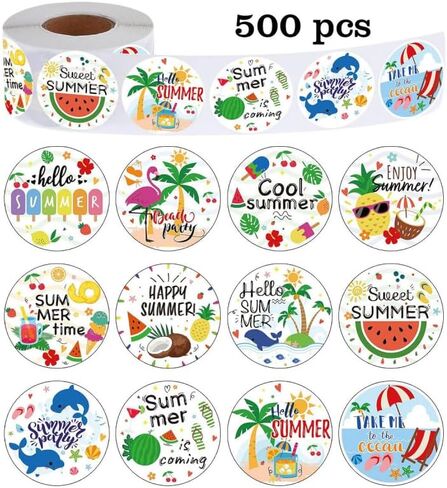 500 Pcs Round Summer Beach Stickers, 12 Patterns 25mm, Decorative Sealing Labels for Scrapbooking, Gift Wrapping, Card Making & DIY Crafts in Kuwait