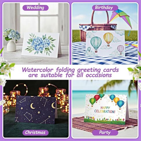 60 Sets Watercolor Cards with Envelopes, 140lb/300 GSM Cotton Heavyweight Foldable Greeting Paper Card, 5x7 Inch Foldable Blank Watercolor Postcards and Envelopes, Greeting Card for All Occasions in Kuwait