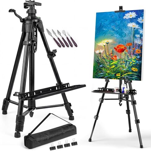 Adjustable Artist Easel - 19.69" to 61.8", Portable Folding Tabletop or Floor Easel with Brush Tray, Carry Bag, 4 Clips, 5 Palette Knives for Painting, Display, and Art Exhibitions (Black) in Kuwait