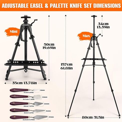 Adjustable Artist Easel - 19.69" to 61.8", Portable Folding Tabletop or Floor Easel with Brush Tray, Carry Bag, 4 Clips, 5 Palette Knives for Painting, Display, and Art Exhibitions (Black) in Kuwait