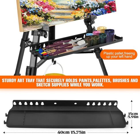 Adjustable Artist Easel - 19.69" to 61.8", Portable Folding Tabletop or Floor Easel with Brush Tray, Carry Bag, 4 Clips, 5 Palette Knives for Painting, Display, and Art Exhibitions (Black) in Kuwait