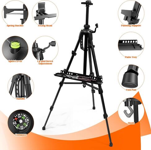 Adjustable Artist Easel - 19.69" to 61.8", Portable Folding Tabletop or Floor Easel with Brush Tray, Carry Bag, 4 Clips, 5 Palette Knives for Painting, Display, and Art Exhibitions (Black) in Kuwait