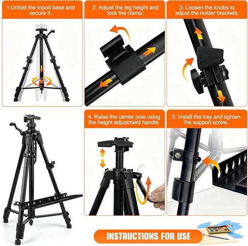Adjustable Artist Easel - 19.69" to 61.8", Portable Folding Tabletop or Floor Easel with Brush Tray, Carry Bag, 4 Clips, 5 Palette Knives for Painting, Display, and Art Exhibitions (Black) in Kuwait