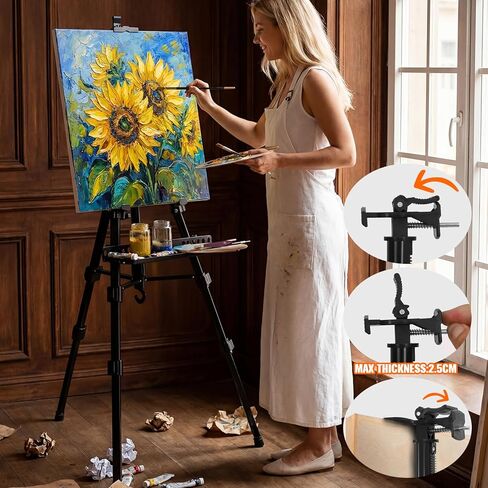 Adjustable Artist Easel - 19.69" to 61.8", Portable Folding Tabletop or Floor Easel with Brush Tray, Carry Bag, 4 Clips, 5 Palette Knives for Painting, Display, and Art Exhibitions (Black) in Kuwait