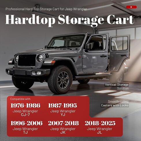 عربة تخزين هاردتوب متوافقة مع 1976-2025 جيب رانجلر CJ-7/YJ/TJ/JK/JL حامل عجلات الفرامل المنزلقة المطلي بالمسحوق باللون الأسود in Kuwait