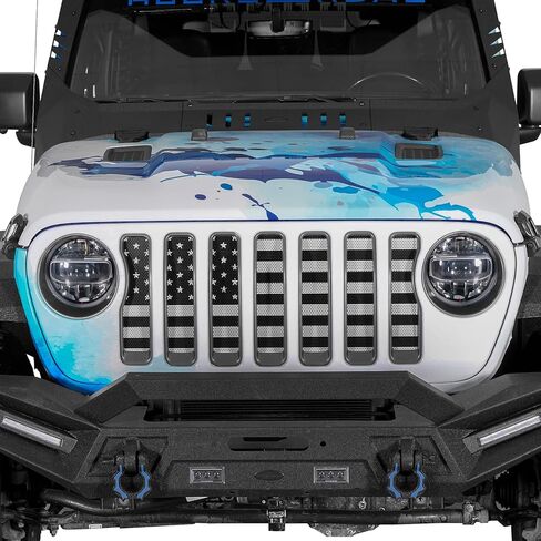 Hooke Road Wrangler JL Grill Inserts Gladiator Grille Guard for 2018-2026 Jeep Wrangler JL & Gladiator JT (American Flag, Black & White, Steel) in Kuwait