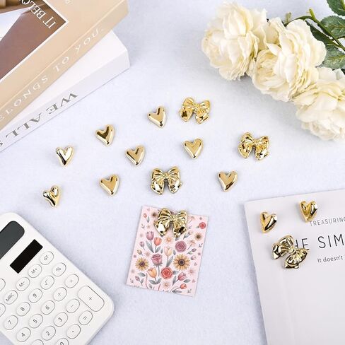 Cute Push Pins,Gold Bows Heart,15 Count Decorative Pins for Bulletin Board,Gold Desk Accessories for Classroom,Office,Home in Kuwait