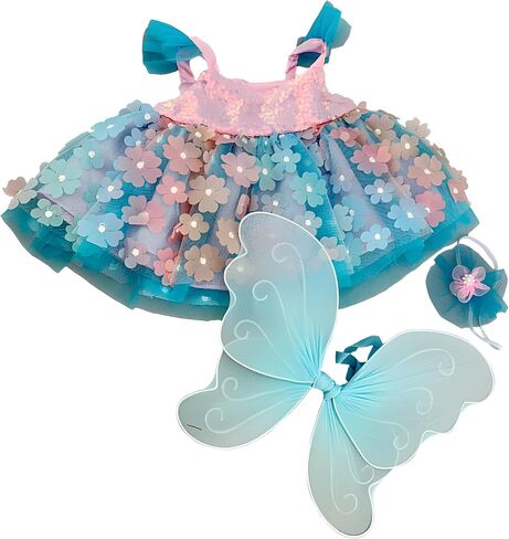 Floral Butterfly Dress with Wings for 14 to 18 Inch Stuffed Animals Colorful Fairy-Themed Outfit for Plush Toys, Teddy Bears, and Dolls Magical Dress-Up Costume for Kids Gift Idea in Kuwait