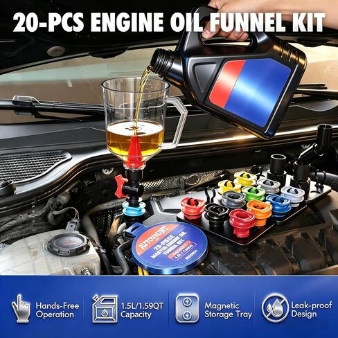 طقم قمع زيت مكون من 20 قطعة، طقم قمع زيت المحرك 1.59QT/1.5L، طقم تغيير الزيت مقاوم للانسكاب مع 12 محولًا، صمام إغلاق، تركيب الكوع، نظام تخزين مغناطيسي، قمع مانع للانسكاب للسيارات in Kuwait