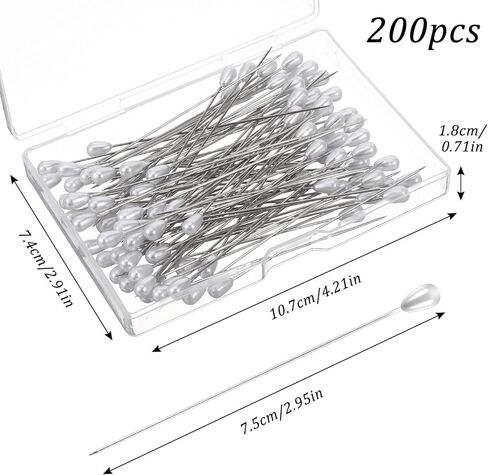 Mabor 75mm/3Inch Straight Pins Sewing, 200Pcs Pearl Head Decorative Pins, Colored Teardrop Corsage Boutonniere Pin for Wedding Flower Bouquet Attaching Dressmaker Crafts in Kuwait