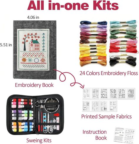 Embroidery Stitch Book Kit for Beginner Adults, 2026 Hand Embroidery Kits with Pre-Stamped Pattern, Complete Sewing Kits, Step-by-Step Guide in Kuwait