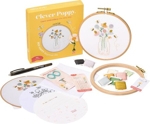 طقم تطريز Clever Poppy Bee Happy Beginner - طقم تطريز سهل للمبتدئين مع الطوق والخيط والأنماط - طقم تطريز يدوي للبالغين والمراهقين - طقم تطريز كامل للمبتدئين in Kuwait