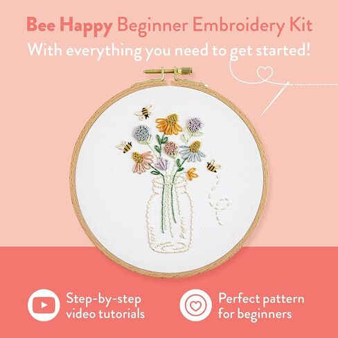 طقم تطريز Clever Poppy Bee Happy Beginner - طقم تطريز سهل للمبتدئين مع الطوق والخيط والأنماط - طقم تطريز يدوي للبالغين والمراهقين - طقم تطريز كامل للمبتدئين in Kuwait