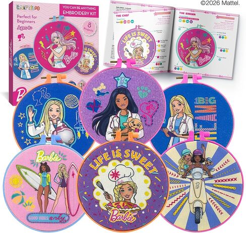 Barbie® Kids Sewing & Embroidery Kit for Girls Ages 8-12 - Beginner Craft Kit with 8 Designs, 2 Hoops, Thread & Needles - Arts and Crafts Gift Set in Kuwait