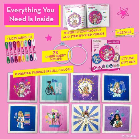 Barbie® Kids Sewing & Embroidery Kit for Girls Ages 8-12 - Beginner Craft Kit with 8 Designs, 2 Hoops, Thread & Needles - Arts and Crafts Gift Set in Kuwait
