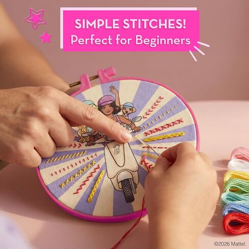 Barbie® Kids Sewing & Embroidery Kit for Girls Ages 8-12 - Beginner Craft Kit with 8 Designs, 2 Hoops, Thread & Needles - Arts and Crafts Gift Set in Kuwait