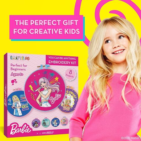 Barbie® Kids Sewing & Embroidery Kit for Girls Ages 8-12 - Beginner Craft Kit with 8 Designs, 2 Hoops, Thread & Needles - Arts and Crafts Gift Set in Kuwait