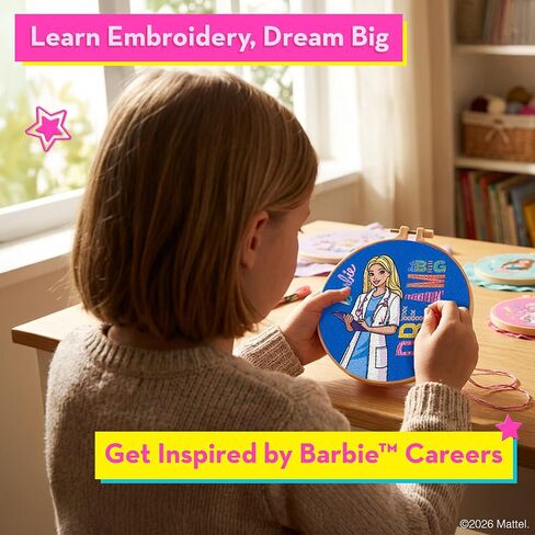 Barbie® Kids Sewing & Embroidery Kit for Girls Ages 8-12 - Beginner Craft Kit with 8 Designs, 2 Hoops, Thread & Needles - Arts and Crafts Gift Set in Kuwait