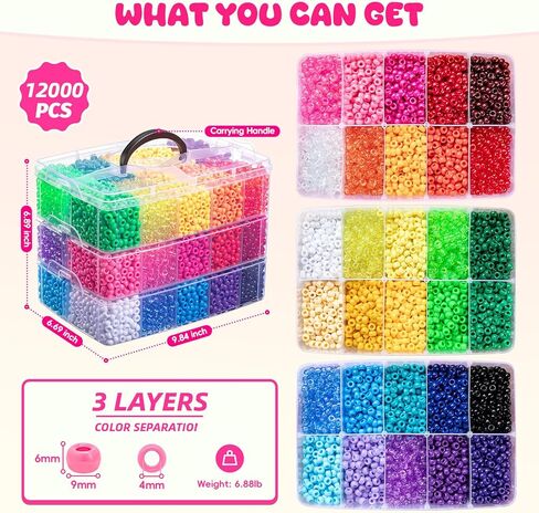 Simetufy 12,000PCS Pony Beads Bulk, 30 Colors 6x9mm Plastic Kandi Beads for Bracelet Making Hair Braiding Jewelry Key Chains DIY Crafts Gifts (6.88LB, Shockproof Packaging) in Kuwait