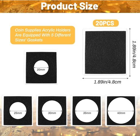 20Pcs Silver Dollar Coin Holder with 5 Sizes Black Adjustable Gaskets, Clear Acrylic Coin Cases Collection Holders for Coin Collection Supplies Collectors Dollars Pounds Cent (17.5mm-40mm) in Kuwait
