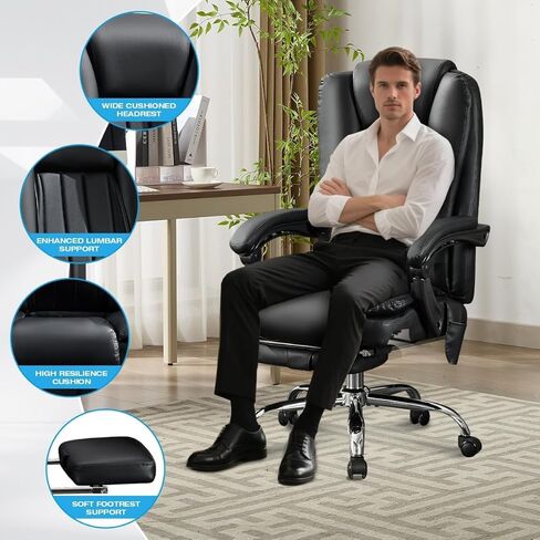 BOSMILLER 500lbs Big and Tall Office Chair, 6-Points Massage Office Chair, Executive Heated Desk Chair with Adjustable Footrest, Reclining High Back for Home Office in Saudi Arabia