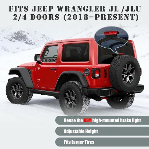 حامل الإطارات الاحتياطية القابل للتعديل من أجل Wrangler JL متوافق مع 2018-2026 Jeep Wrangler JL JLU، رفع الإطارات حتى 40 بوصة مع ضوء الفرامل الثالث وفتحة كاميرا الرؤية الخلفية (الكاميرا غير متضمنة) in Kuwait