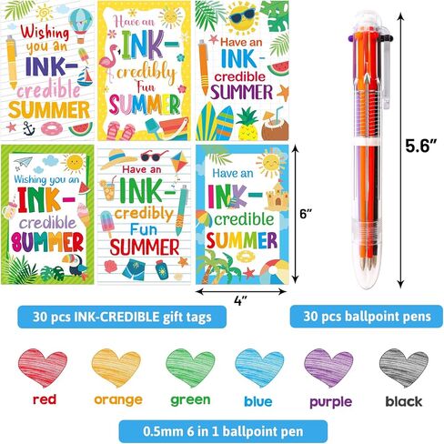 Fancy Land 30 Pcs End of Year Student Gifts from Teacher 6 in 1 Multi Color Retractable Ballpoint Pen with Tag Cards Kindergarten Preschool Graduation Summer Gifts Bulk for Kids Last Day of School in Kuwait