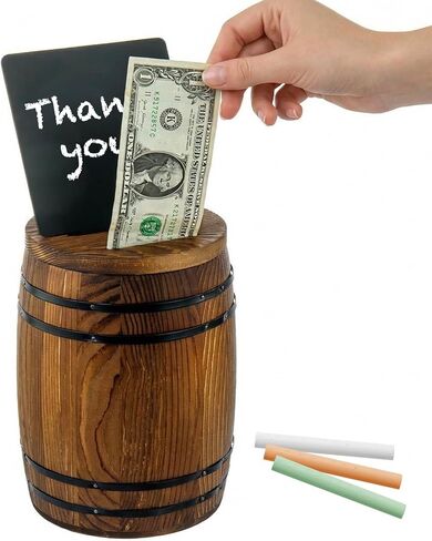 MyGift Tip Jar, Wine Barrel-Style Tip Collector Box, Rustic Donation and Piggy Coin Bank with Chalkboard Label, Dark Burnt Wood in Kuwait