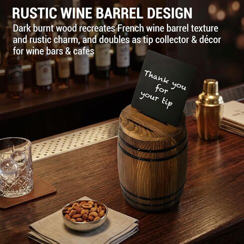 MyGift Tip Jar, Wine Barrel-Style Tip Collector Box, Rustic Donation and Piggy Coin Bank with Chalkboard Label, Dark Burnt Wood in Kuwait
