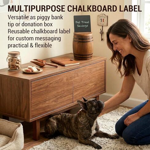 MyGift Tip Jar, Wine Barrel-Style Tip Collector Box, Rustic Donation and Piggy Coin Bank with Chalkboard Label, Dark Burnt Wood in Kuwait