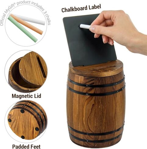 MyGift Tip Jar, Wine Barrel-Style Tip Collector Box, Rustic Donation and Piggy Coin Bank with Chalkboard Label, Dark Burnt Wood in Kuwait