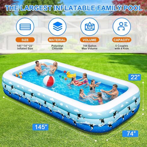 Large Inflatable Swimming Pool 145" x 74" x 22" Family Size Blow Up Pool for Adults & Kids, Oversized Backyard Kiddie Pool for Outdoor, Garden, Summer Water Party in Kuwait