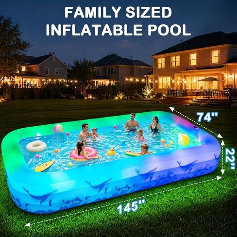 Large Inflatable Pool with Light, 12TF x 6.5TF Inflatable Swimming Pool for Kids Adults, Solar Powered Blow Up Pool Oversized Thickened Family Kiddie Pool for Backyard Outdoor in Kuwait