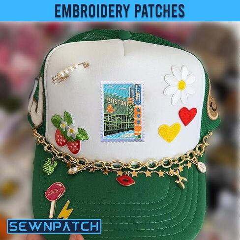 Boston City Architecture Patch for Backpacks Hats Jeans Bags, Size 3" Iron On or Sew On Patches, USA Embroidery Patches Appliques for Clothes, Vintage Stamp Postage Patch for Travel Lovers in Kuwait