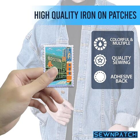 Boston City Architecture Patch for Backpacks Hats Jeans Bags, Size 3" Iron On or Sew On Patches, USA Embroidery Patches Appliques for Clothes, Vintage Stamp Postage Patch for Travel Lovers in Kuwait