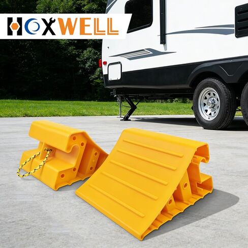 HOXWELL زوج واحد من ثقوب العجلات الأوسع مع حبل لمقطورات السفر، شوكة عجلة صفراء غير قابلة للانزلاق، سدادات عجلات خفيفة الوزن للسيارات والشاحنات RVs، سهلة الحمل، عبوتان in Kuwait