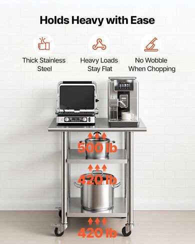 VEVOR Stainless Steel Work Table, 24x30 Inch Food Prep Table with 2 Shelves and Wheels, Commercial Kitchen Workstation, Metal Heavy Duty Utility Worktable, for Restaurant Home Hotel Garage Outdoor in Kuwait